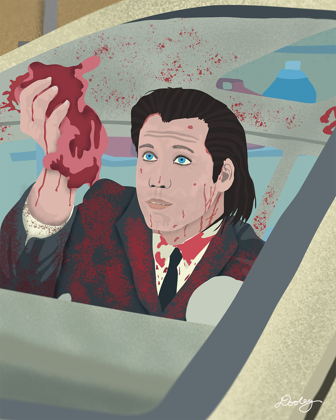 An image of a stylized illustration by Dre Dooley titled "The Accident" depicting a scene from the movie Pulp Fiction. Covered in blood, John Travolta is cleaning blood and brain from a car's interior as it sits in a garage. 