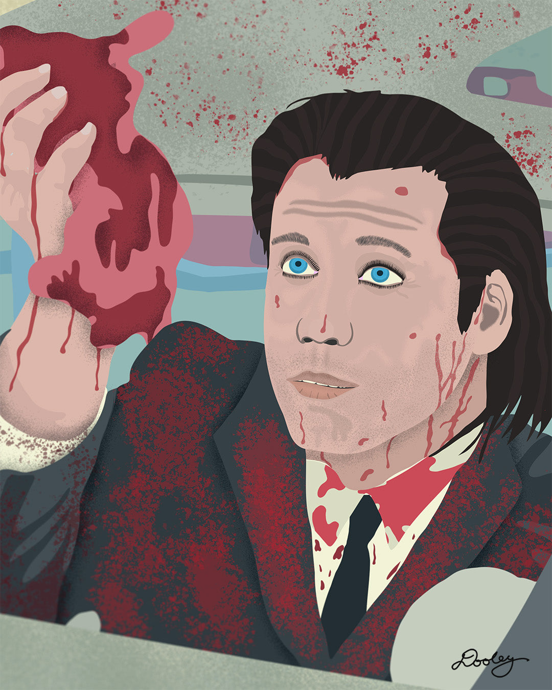 An image of a stylized illustration by Dre Dooley titled "The Accident" depicting a scene from the movie Pulp Fiction zoom to show detail. Covered in blood, John Travolta is cleaning blood and brain from a car's interior as it sits in a garage. 