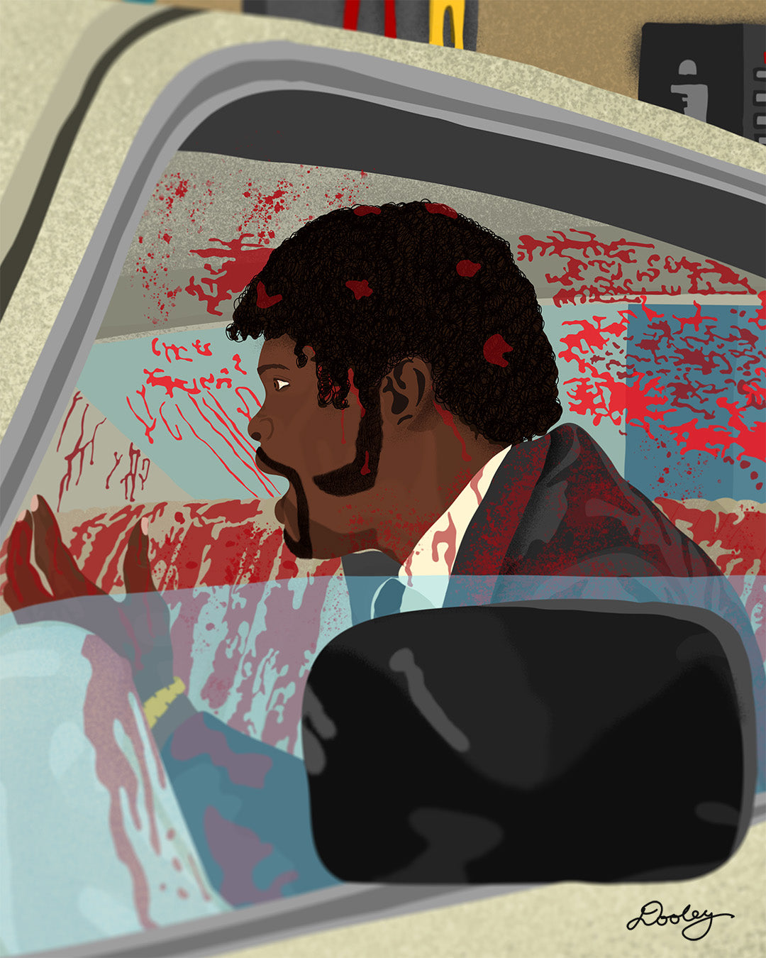 An image of a stylized illustration by Dre Dooley titled "The Accident" depicting a scene from the movie Pulp Fiction. Covered in blood, Samuel L. Jackson yells at John Travolta as he sits in the backseat cleaning blood and brain from a car's interior as it sits in a garage. 