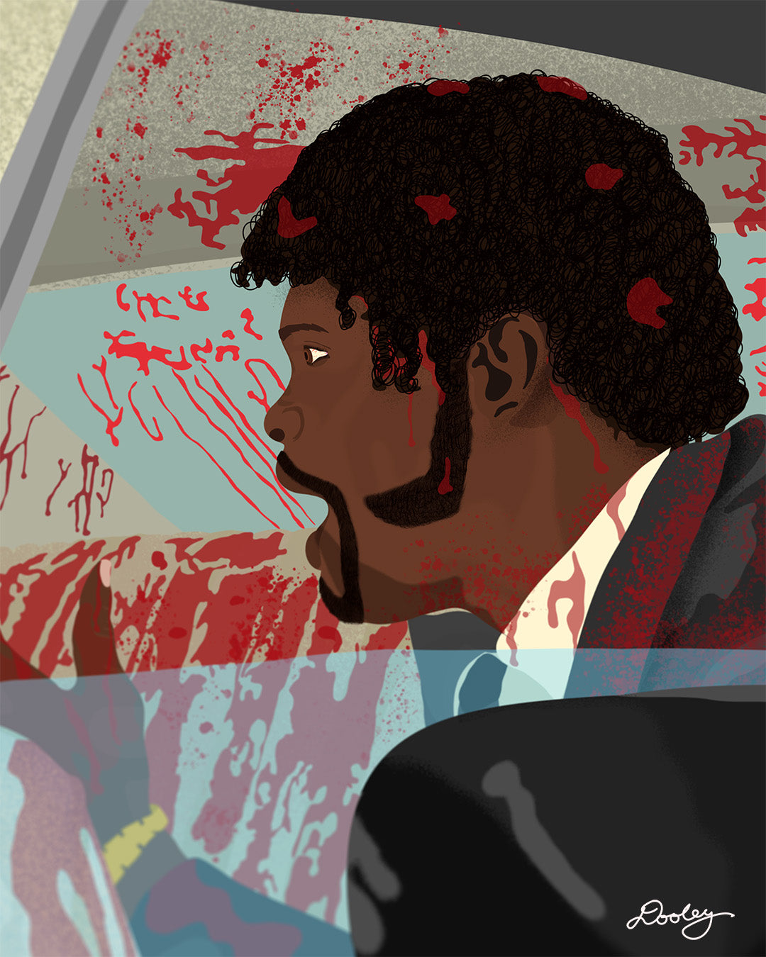 An image of a stylized illustration by Dre Dooley titled "The Accident" depicting a scene from the movie Pulp Fiction, zoomed to show detail. Covered in blood, Samuel L. Jackson yells at John Travolta as he sits in the backseat cleaning blood and brain from a car's interior as it sits in a garage. 