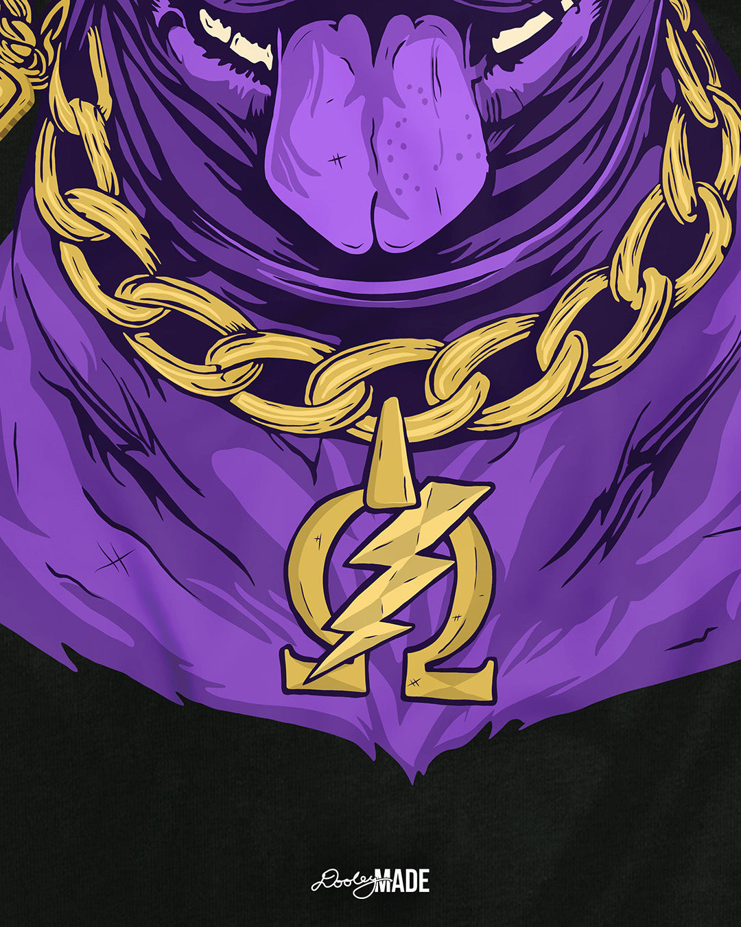 A graphic showing the detail of an Omega Psi Phi Fraternity, Inc Pit Bull Dog wearing gold aviator sunglasses and a gold Omega Blood and thunder necklace.