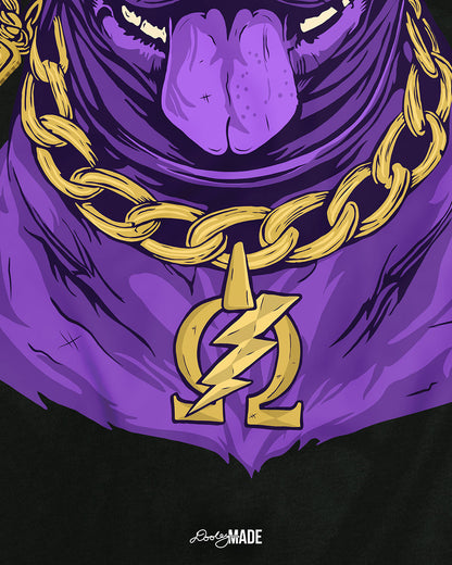 A graphic showing the detail of an Omega Psi Phi Fraternity, Inc Pit Bull Dog wearing gold aviator sunglasses and a gold Omega Blood and thunder necklace.
