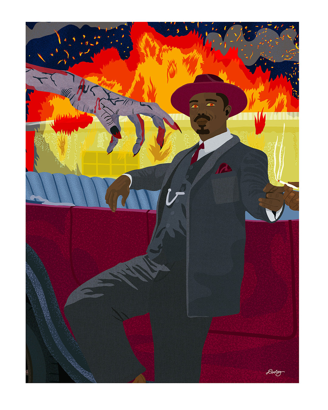 An Illustration of Michael B. Jordan as The Smoke Stack Twins in the Sinners movie, showing them stand together in front of a vintage red car sharing a cigarette. A building is burning in front of a night sky. A bloody, lifeless hand extends toward Stack as his eyes glow red. Wall art. 