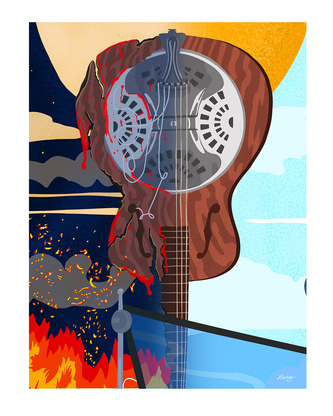 An illustrated artwork showing Sammy's resonator guitar from the Sinners movie dividing a scene of night and day. Half of the guitar is bloody and broken - the other half is new. 