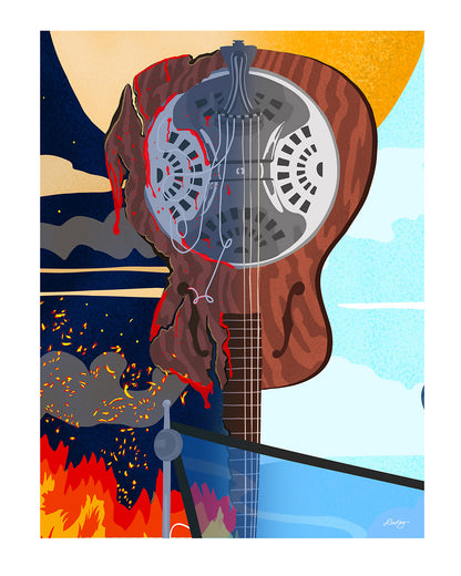An illustrated artwork showing Sammy's resonator guitar from the Sinners movie dividing a scene of night and day. Half of the guitar is bloody and broken - the other half is new. 