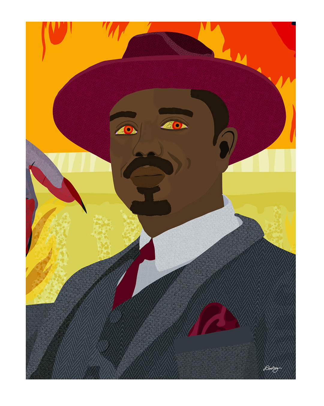 An illustrated artwork of Michael B. Jordan as the character Stack in the Sinners movie. He is wearing a red brimmed hat and textured suit with a building burning in in the background. His eyes are glowing red while a ghostly hand stretches toward him. 