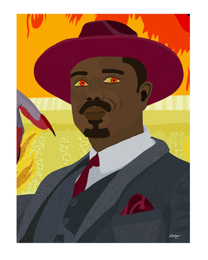 An illustrated artwork of Michael B. Jordan as the character Stack in the Sinners movie. He is wearing a red brimmed hat and textured suit with a building burning in in the background. His eyes are glowing red while a ghostly hand stretches toward him. 