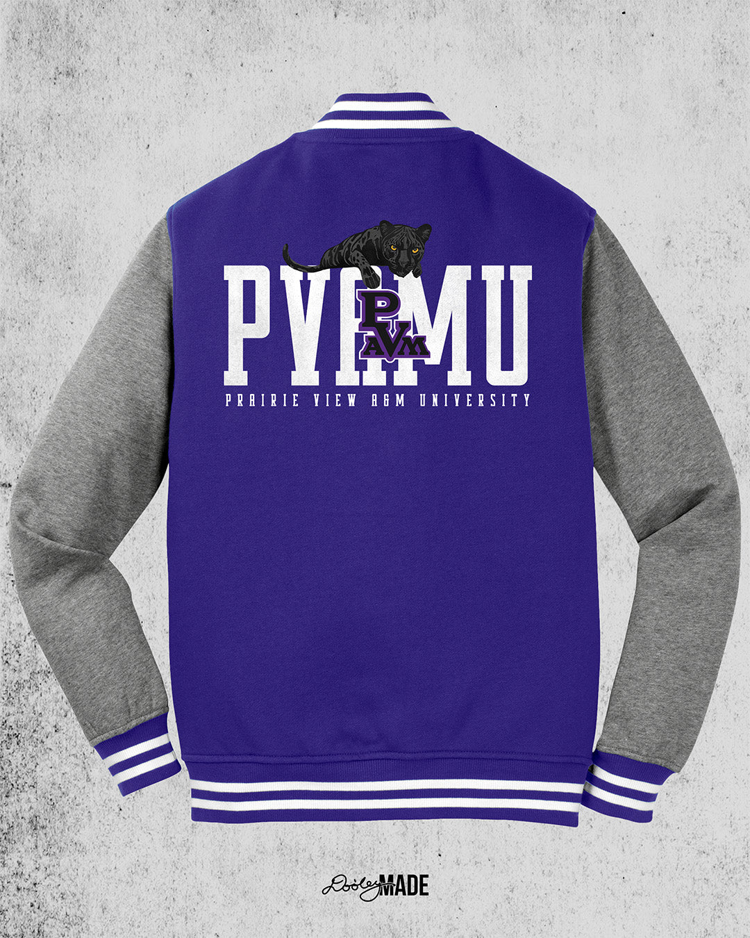 Image of a purple and heather gray Prairie View A&M Fleece Varsity Letterman Jacket with print of a black panther laying atop 'PVAMU' text, with PVAM Logo overlayed, and 'Prairie View A&M University' text underneath.
