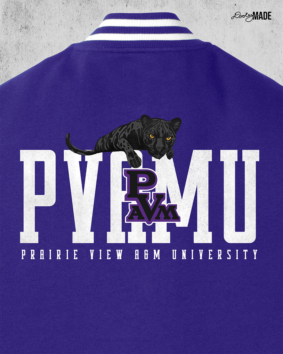Zoomed image of a purple and heather gray Prairie View A&M Fleece Varsity Letterman Jacket with print of a black panther laying atop 'PVAMU' text, with PVAM Logo overlayed, and 'Prairie View A&M University' text underneath.
