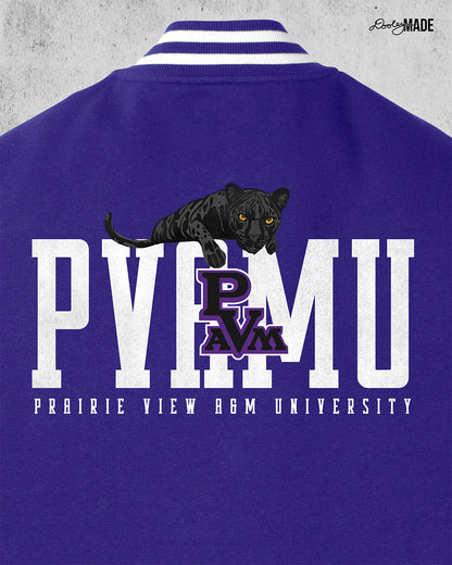 Zoomed image of a purple and heather gray Prairie View A&M Fleece Varsity Letterman Jacket with print of a black panther laying atop 'PVAMU' text, with PVAM Logo overlayed, and 'Prairie View A&M University' text underneath.