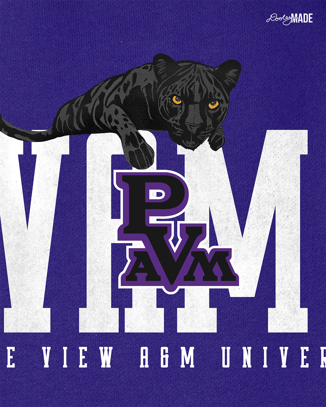 Zoomed mage of a purple and heather gray Prairie View A&M Fleece Varsity Letterman Jacket with print of a black panther laying atop 'PVAMU' text showing the detail of panther. 