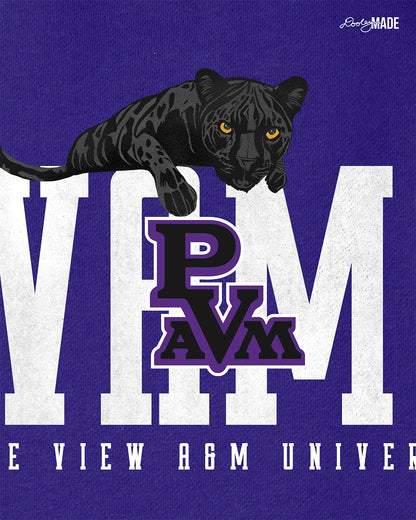 Zoomed mage of a purple and heather gray Prairie View A&M Fleece Varsity Letterman Jacket with print of a black panther laying atop 'PVAMU' text showing the detail of panther. 