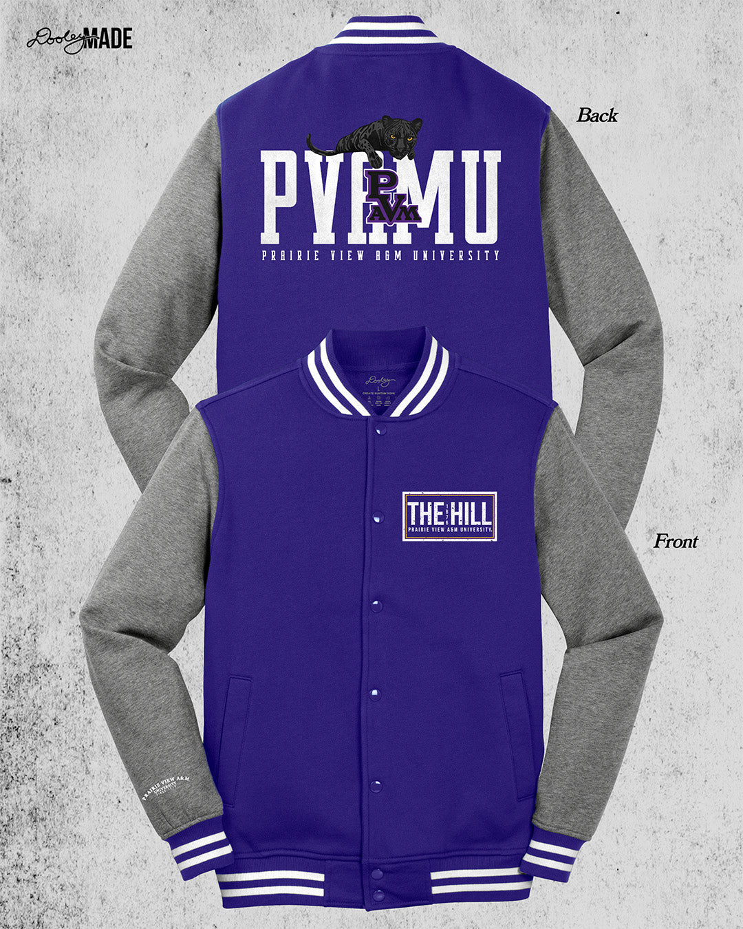 Image of the front and back of a purple and heather gray Prairie View A&M Fleece Varsity Letterman Jacket. Back has a print of a black panther laying atop 'PVAMU' text, with PVAM Logo overlayed, and 'Prairie View A&M University' text underneath. The front left chest has 'The Hill' text printed in white inside of a rectangular box.