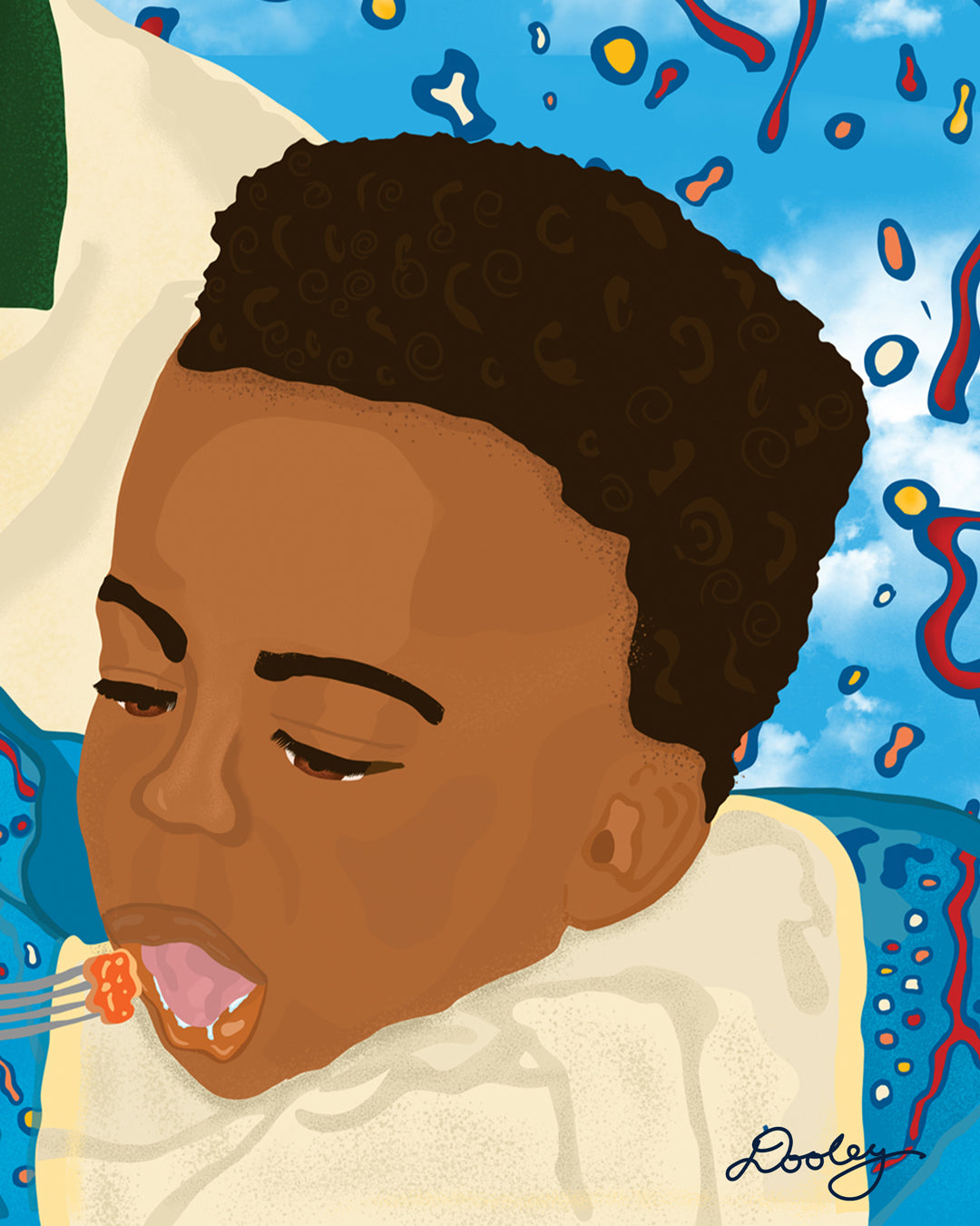 An illustration titled "Fatherhood in '91." Shows a Black child with a focused expression as he is salivating while being fed with a fork. He is dressed in a blue outfit with red, blue, yellow, and orange abstract patterns.