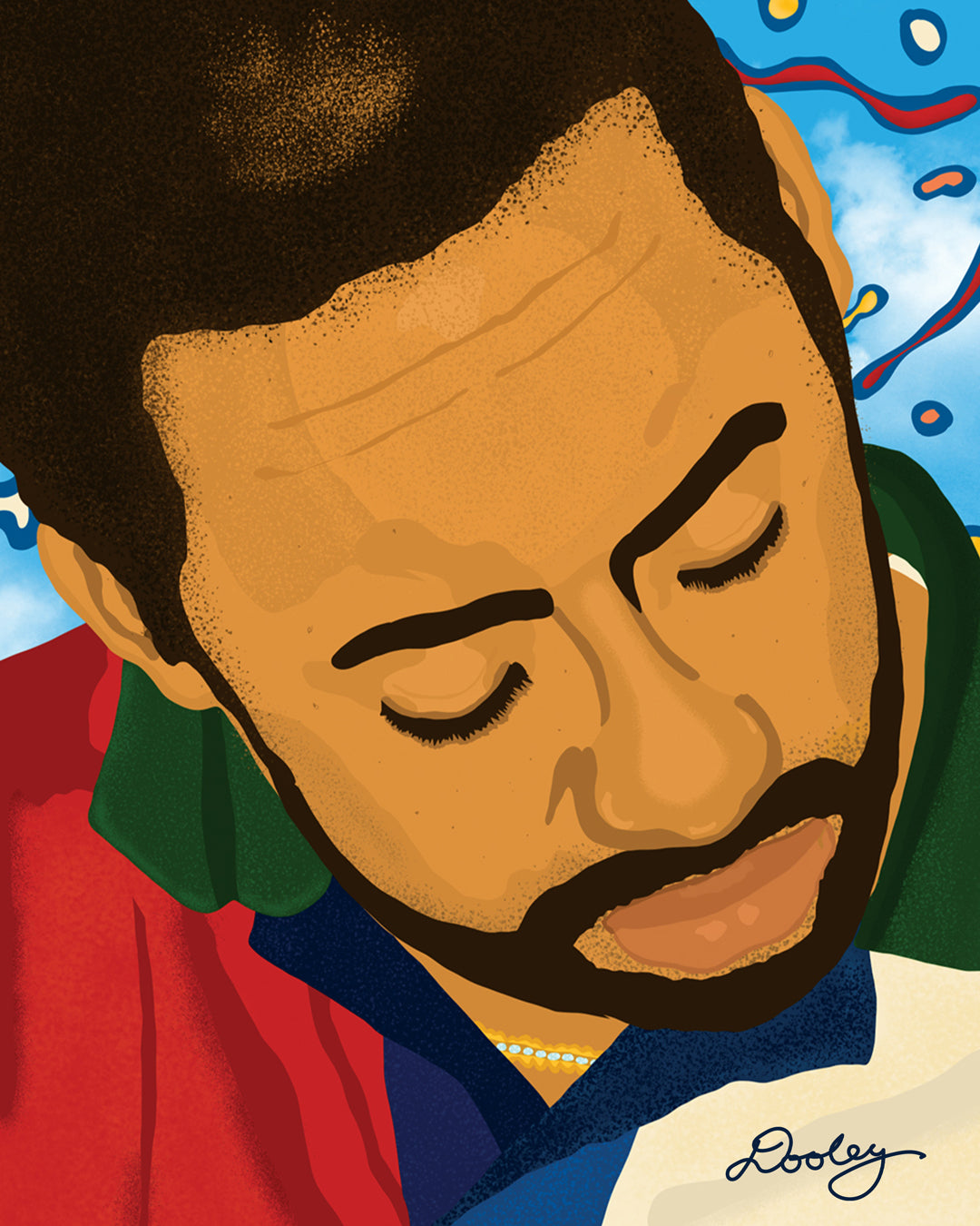 An illustration titled "Fatherhood in '91." A father with a full, dark beard dressed in a red, green, and white shirt, is lovingly feeding his child with a fork. He is looking down in concentration with a calm expression. He has a light bald spot forming on his head.  