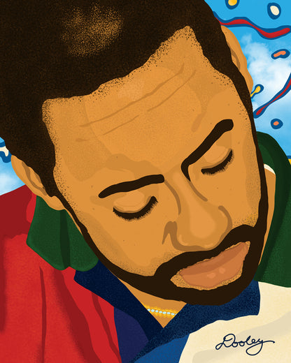 An illustration titled "Fatherhood in '91." A father with a full, dark beard dressed in a red, green, and white shirt, is lovingly feeding his child with a fork. He is looking down in concentration with a calm expression. He has a light bald spot forming on his head.  