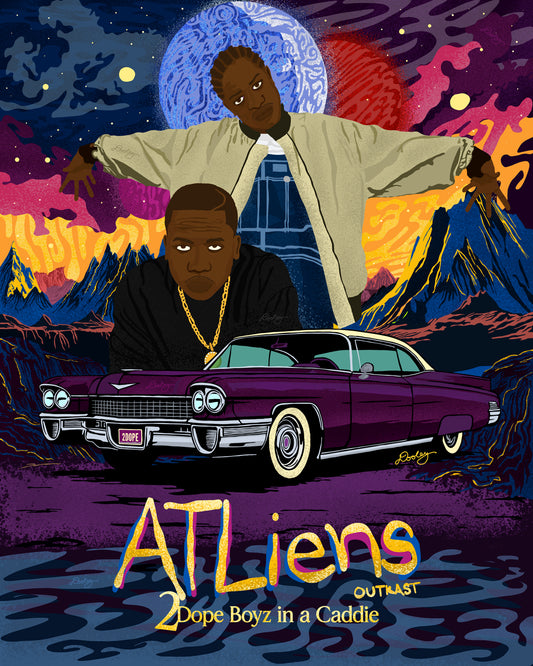 A custom OutKast illustration featuring an out of this world theme and an old school Cadillac, capturing the essence and colorful complexity of OutKast's extra-terrestrial rhymes. Below the car the sits a golden text reading "ATLiens 2 Dope Boyz in a Caddie."