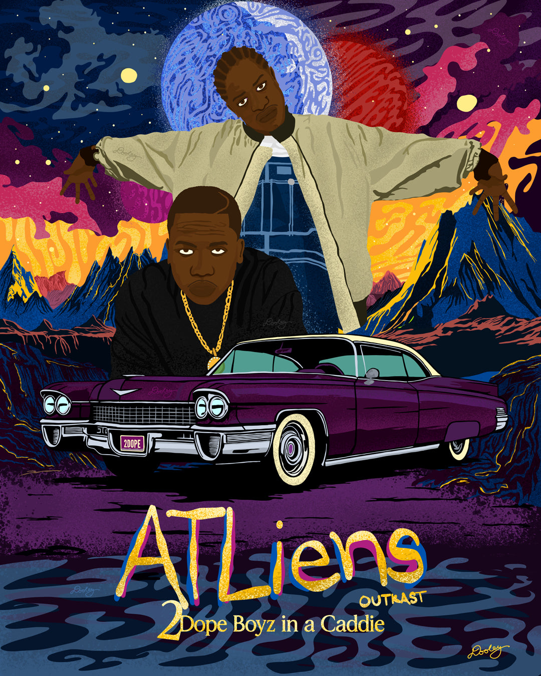 A custom OutKast illustration featuring an out of this world theme and an old school Cadillac, capturing the essence and colorful complexity of OutKast's extra-terrestrial rhymes. Below the car the sits a golden text reading "ATLiens 2 Dope Boyz in a Caddie."