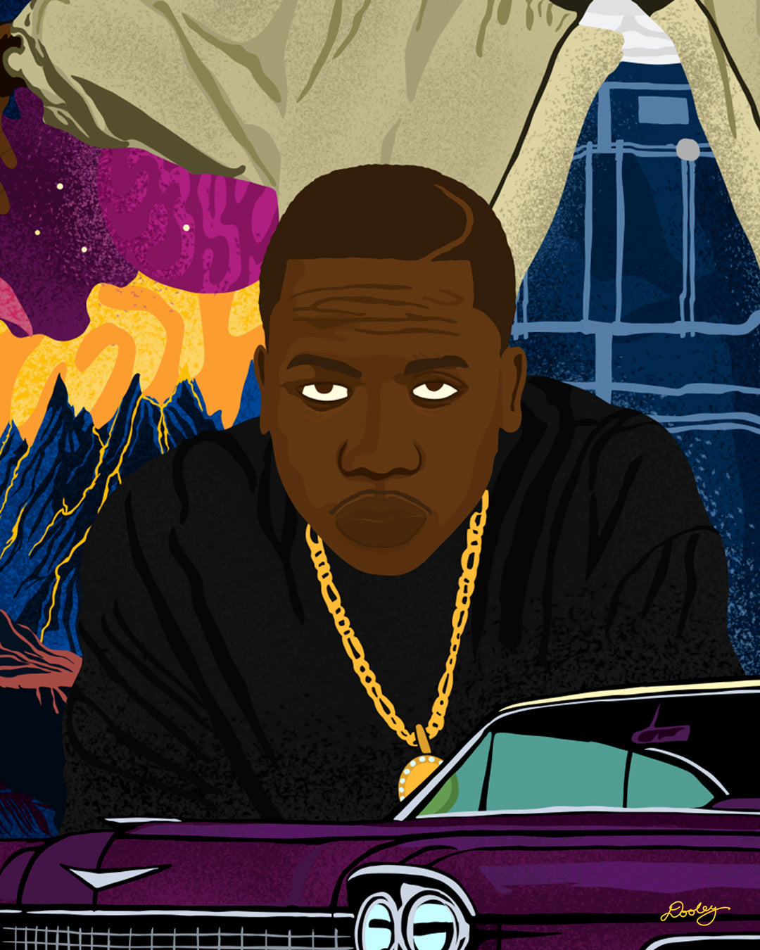 A custom OutKast illustration featuring an out of this world theme and an old school Cadillac, capturing the essence and colorful complexity of OutKast's extra-terrestrial rhymes. This portion is zoomed to show Big Boi.