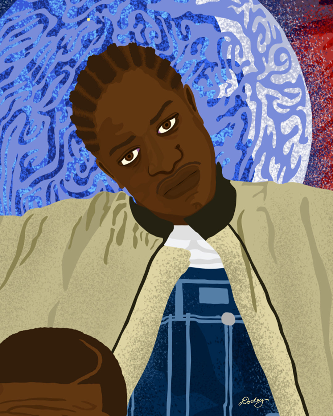 A custom OutKast illustration featuring an out of this world theme and an old school Cadillac, capturing the essence and colorful complexity of OutKast's extra-terrestrial rhymes. This portion is zoomed to show Andre 3000.