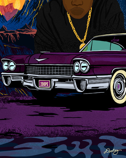 A custom OutKast illustration featuring an out of this world theme and an old school Cadillac, capturing the essence and colorful complexity of OutKast's extra-terrestrial rhymes.
