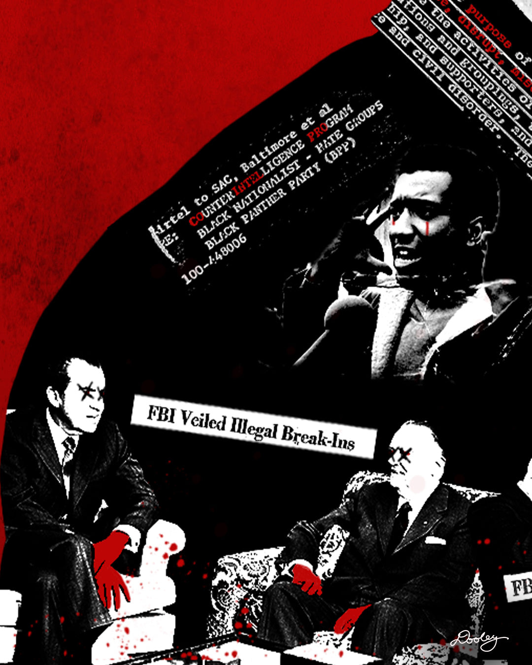 A red, black and white Fred Hampton artwork depicting the FBI’s nefarious “Cointel-Pro” program and their pursuit and assassination of Black Political Leaders.