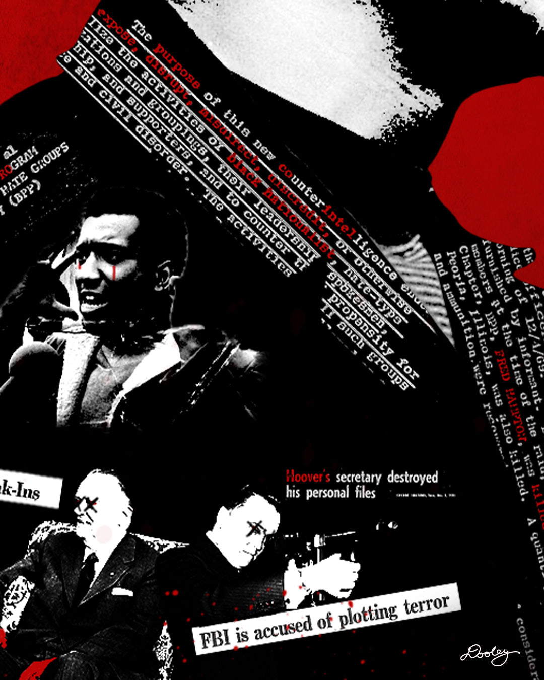 A red, black and white Fred Hampton artwork depicting the FBI’s nefarious “Cointel-Pro” program and their pursuit and assassination of Black Political Leaders.