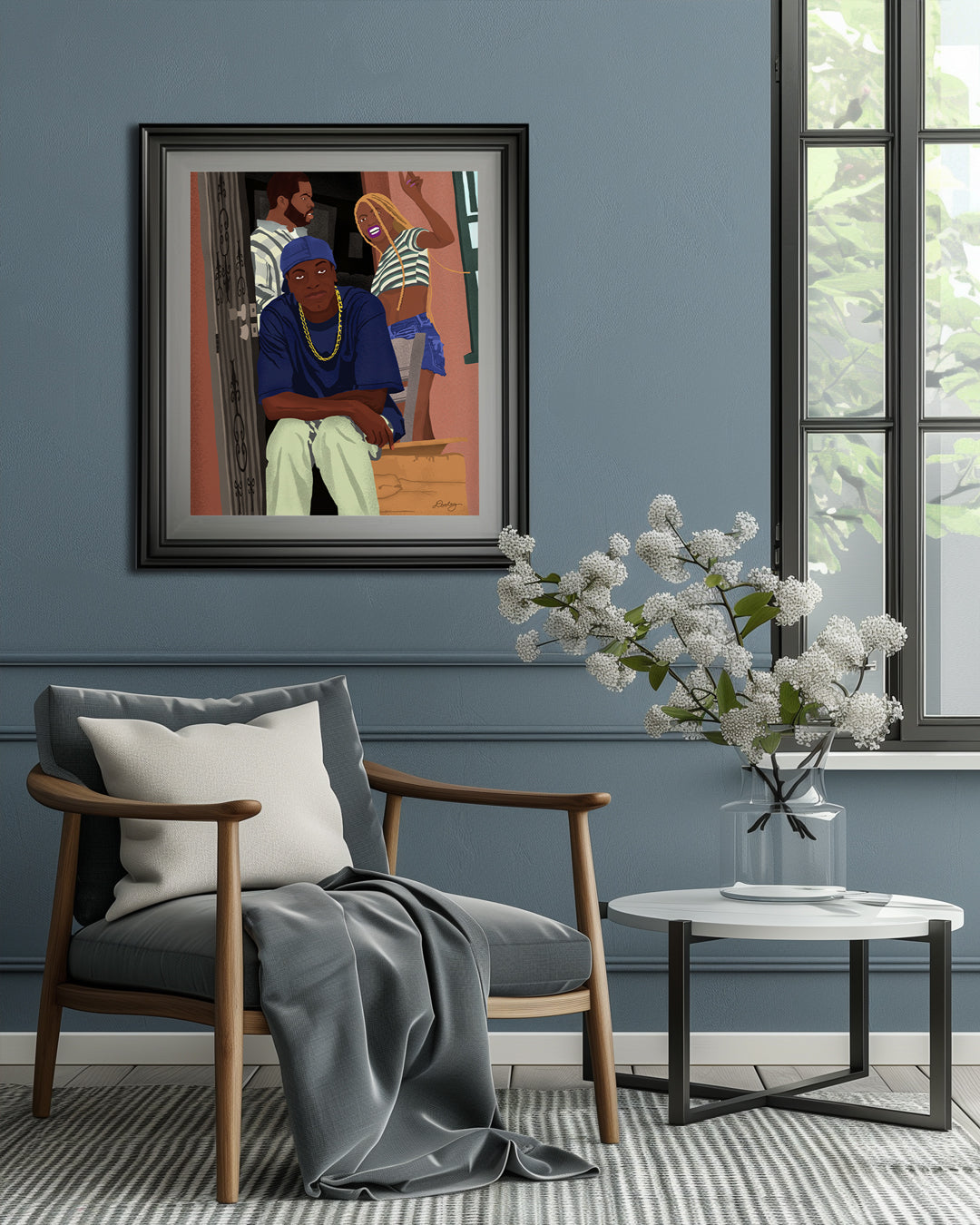 Tranquil blue room with window and black picture frame on wall containing An image of illustrated artwork titled “Tell Me Who She Was” themed after the movie Friday. Image shows the scene where Ice Cube’s character Craig, girlfriend confronts him about him "allegedly" cheating on the front porch. She is standing in the door way hold up a finger with a long nail. Ice Cube is scowling at her. Chris Tucker’s character, Smokie, is sitting in the middle with a smirk on his face. 