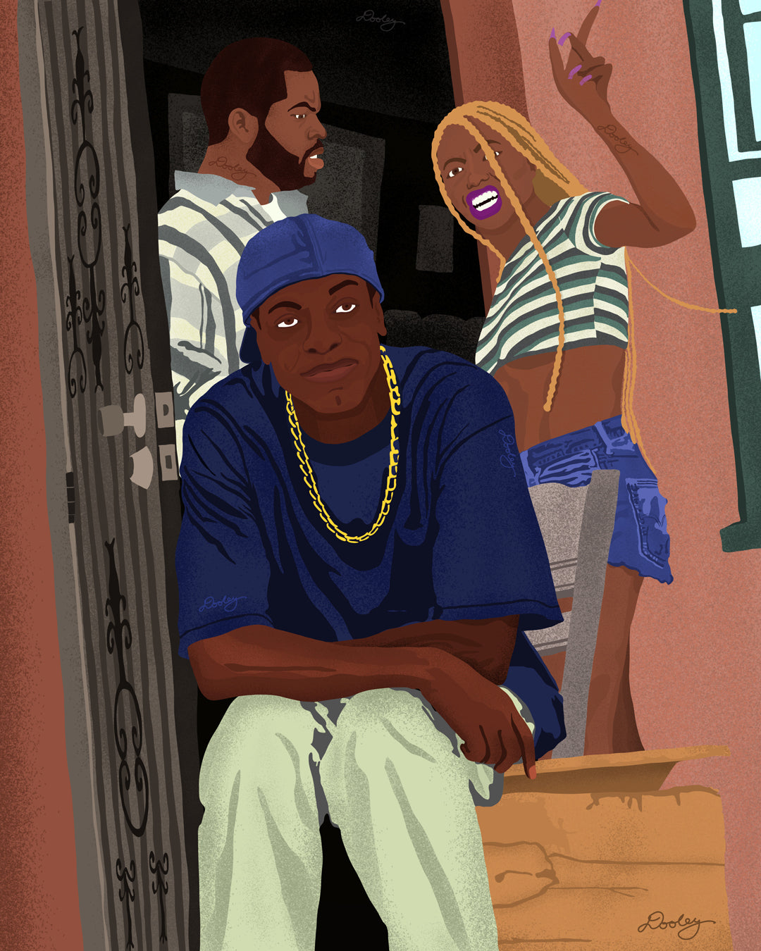 An image of illustrated artwork titled “Tell Me Who She Was” themed after the movie Friday. Image shows the scene where Ice Cube’s character Craig, girlfriend confronts him about him "allegedly" cheating on the front porch. She is standing in the door way hold up a finger with a long nail. Ice Cube is scowling at her. Chris Tucker’s character, Smokie, is sitting in the middle with a smirk on his face. 