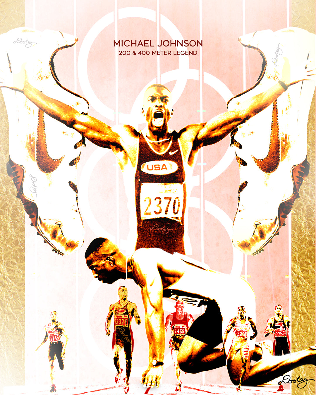 Commemorative artwork of Micheal Johnson’s record-breaking Track and Field performance at the 1996 Olympic Games titled “The Fastest Man.” It features the athlete with his arms outstretched celebrating, the famous golden track and field spikes that he wore, him leading in the final stretch of the race, and him in the block prior to a race beginning. The color pallete is white, red, black, with golden accents. 