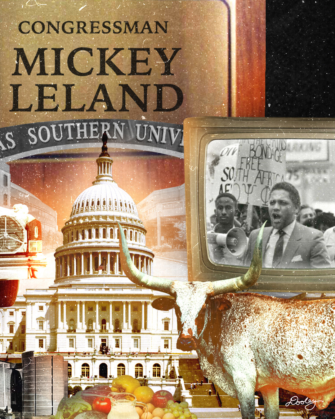 An image showing a portion of a printed collage of Mickey Leland including him on an old television, The U.S. Capitol, Texas Southern University, The Houston Astrodome, a vintage TV, a longhorn, and fruits and vegetables.