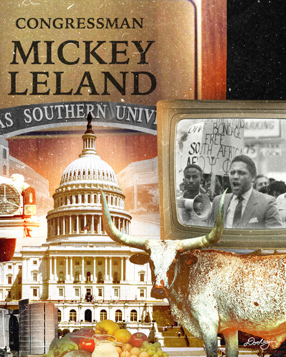 An image showing a portion of a printed collage of Mickey Leland including him on an old television, The U.S. Capitol, Texas Southern University, The Houston Astrodome, a vintage TV, a longhorn, and fruits and vegetables.