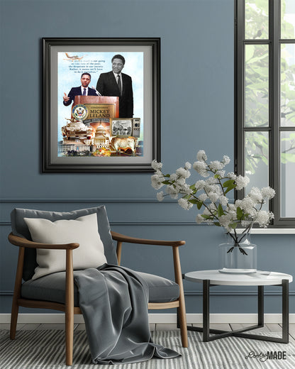 This image depicts a room with blue walls and a light-colored floor. There is a picture frame with a printed graphic collage of Congressman Mickey Leland that celebrates his life and accomplishments. There is a large window, allowing natural light to illuminate the space. Several objects are scattered throughout the room, including a chair with a soft blanket and a table with a vase of sparse white flowers. The overall atmosphere of the room is clean and organized.