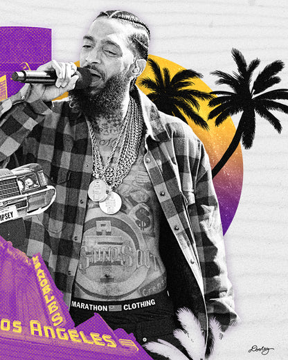 This image shows zoomed in detail of printed Nipsey Hussle artwork titled "Sunsets on Slauson" features Los Angeles purple and gold, The Marathon store on Slauson, a Chevy with "Nipsey" plates, The Los Angeles Theatre, a sunset, and palm trees. Add a touch of LA to your space with this dope Nipsey Hussle print!