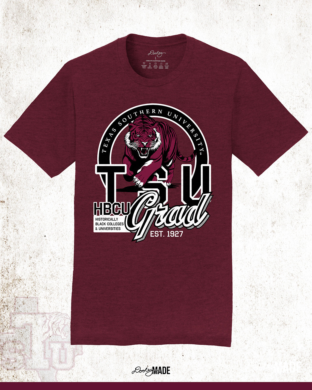 A maroon Texas Southern University graduation shirt featuring a prowling tiger surrounded by a circular frame with the university name inside of it, and the words "TSU Grad" next to HBCU and Historically Black Colleges & University.