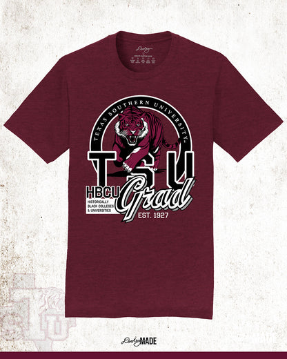 A maroon Texas Southern University graduation shirt featuring a prowling tiger surrounded by a circular frame with the university name inside of it, and the words "TSU Grad" next to HBCU and Historically Black Colleges & University.