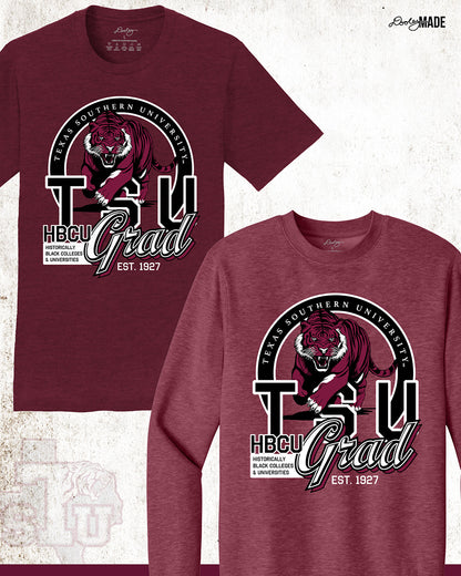 A  maroon Texas Southern University graduation shirt and crewneck sweater featuring a prowling tiger surrounded by a circular frame with the university name inside of it, and the words "TSU Grad" next to HBCU and Historically Black Colleges & University.