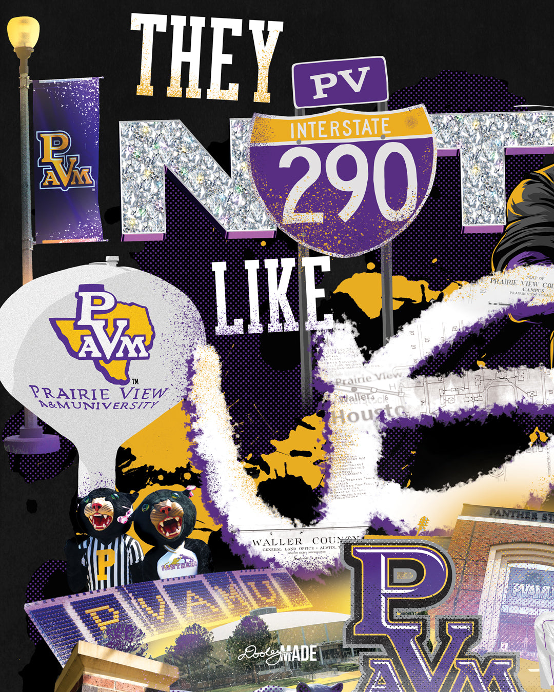 A "They Not Like Us" themed Prairie View A&M black crewneck sweater featuring a vibrant collage with a hand drawn elements: a panther panther wearing a gold chain, an interstate 290 sign, the PV water tower, mascots, a marching storm drum major, the panther statue and the "Welcome to the Hill" sign.  