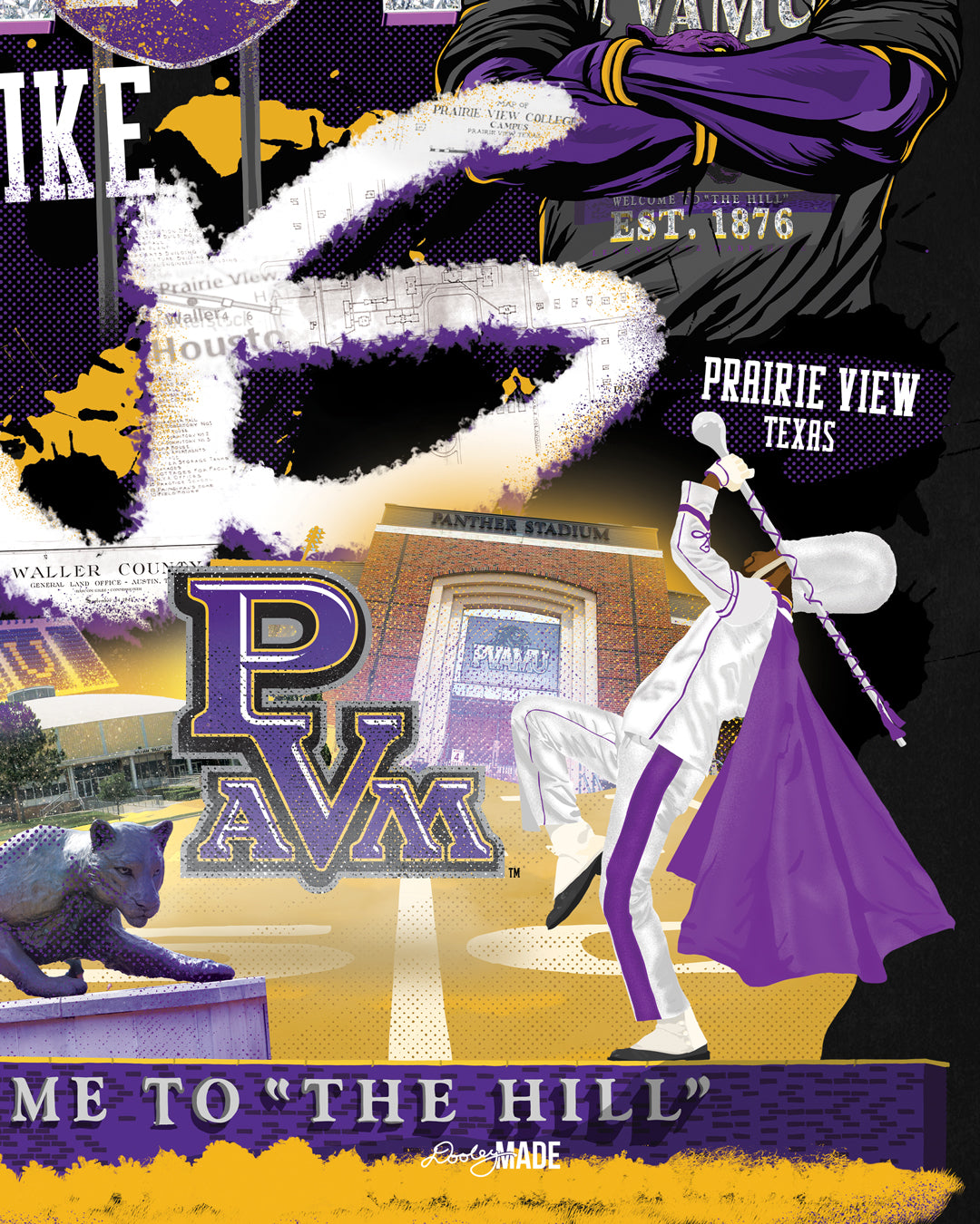 A "They Not Like Us" themed Prairie View A&M black crewneck sweater featuring a vibrant collage with a hand drawn elements: a panther panther wearing a gold chain, an interstate 290 sign, the PV water tower, mascots, a marching storm drum major, the panther statue and the "Welcome to the Hill" sign.  