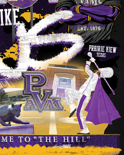 A "They Not Like Us" themed Prairie View A&M black crewneck sweater featuring a vibrant collage with a hand drawn elements: a panther panther wearing a gold chain, an interstate 290 sign, the PV water tower, mascots, a marching storm drum major, the panther statue and the "Welcome to the Hill" sign.  
