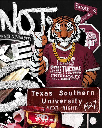  A "They Not Like Us" themed Texas Southern University shirt design featuring a vibrant collage with a hand drawn and graphic elements: a tiger wearing a gold chain, Scott St and Wheeler Ave street sign, the "Texas Southern University Next Right" interstate sign, a spilled Styrofoam cup, a textured TSU logo, and a maroon cadillac with swangers and adapters. 