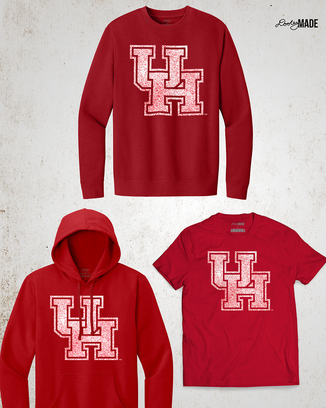 Image showing a red University of Houston crewneck sweatshirt, hoodie, and shirt with a shirt UH logo with red speckles. 