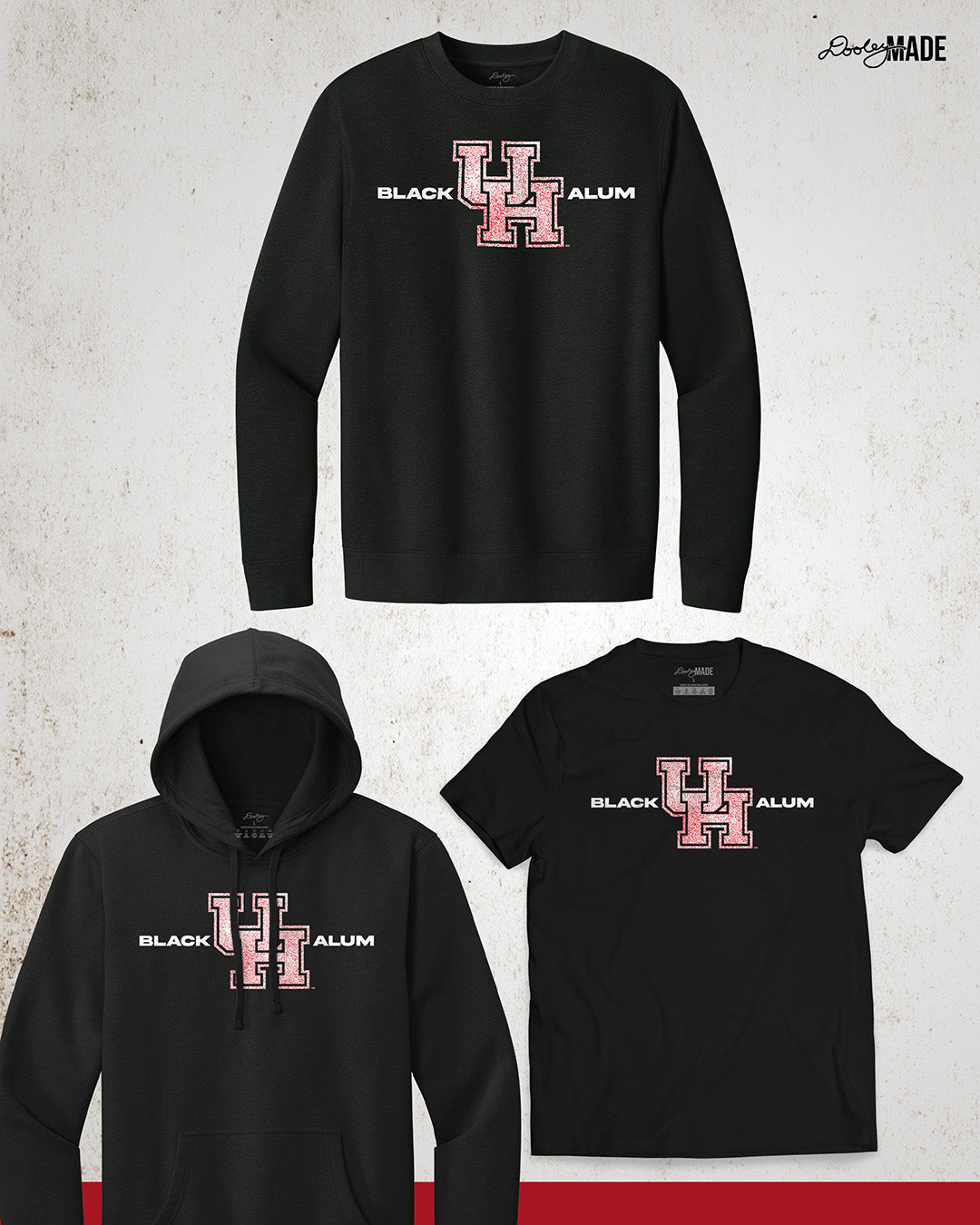 Image of a Black University of Houston Black Alumni crewneck sweater, shirt, and hoodie showcasing bold, white text reading "BLACK ALUM" flanking a speckled white and red "UH" logo in the center. The design emphasizes pride and unity for Black alumni of the University of Houston, presented on a stylish and modern garment ideal for representing school spirit and Cougar pride.