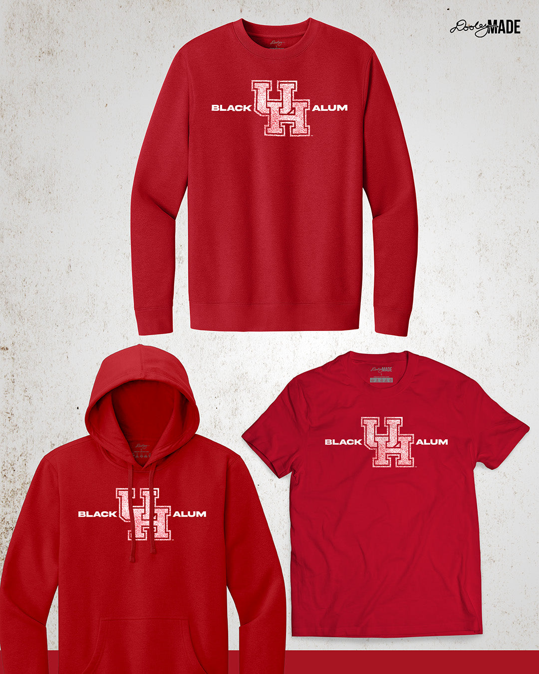 Image of a red University of Houston Black Alumni crewneck sweater, shirt, and hoodie showcasing bold, white text reading "BLACK ALUM" flanking a speckled white and red "UH" logo in the center. The design emphasizes pride and unity for Black alumni of the University of Houston, presented on a stylish and modern garment ideal for representing school spirit and Cougar pride.