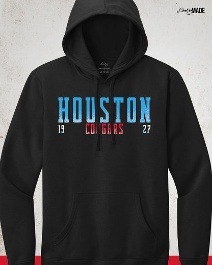 A black University of Houston Cougars themed hoodie with Houston written in Oiler Blue block text with a red outline. The text Cougars is below in white and 1927 is split below in white. The text contains a white grunge texture on its lower half.