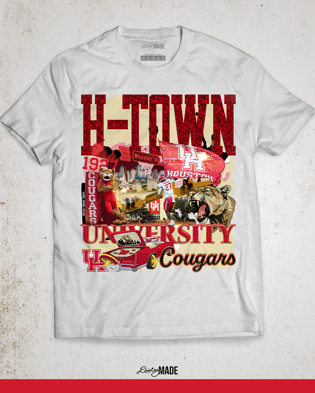 A white University of Houston themed shirt featuring a vibrant HTOWN University graphic collage with "H-TOWN" text in diamonds, Cougar mascot, players, city skyline, and classic lowrider in a vibrant collage design.