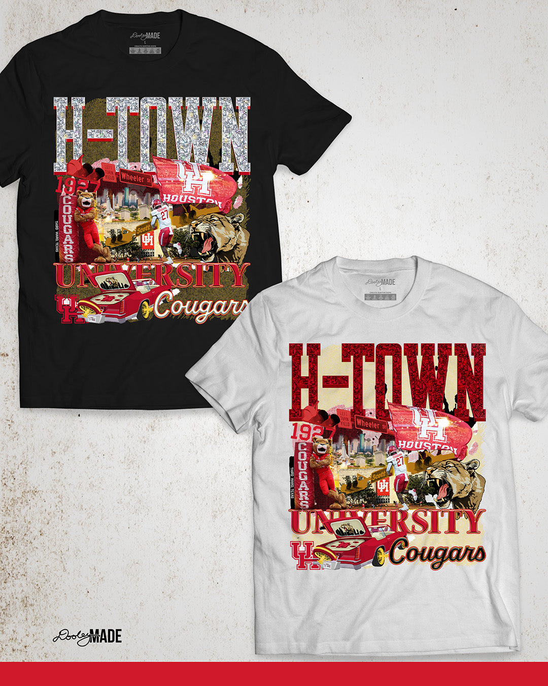 A black and white University of Houston themed shirt featuring a vibrant HTOWN University graphic collage with "H-TOWN" text in diamonds, Cougar mascot, players, city skyline, and classic lowrider in a vibrant collage design.