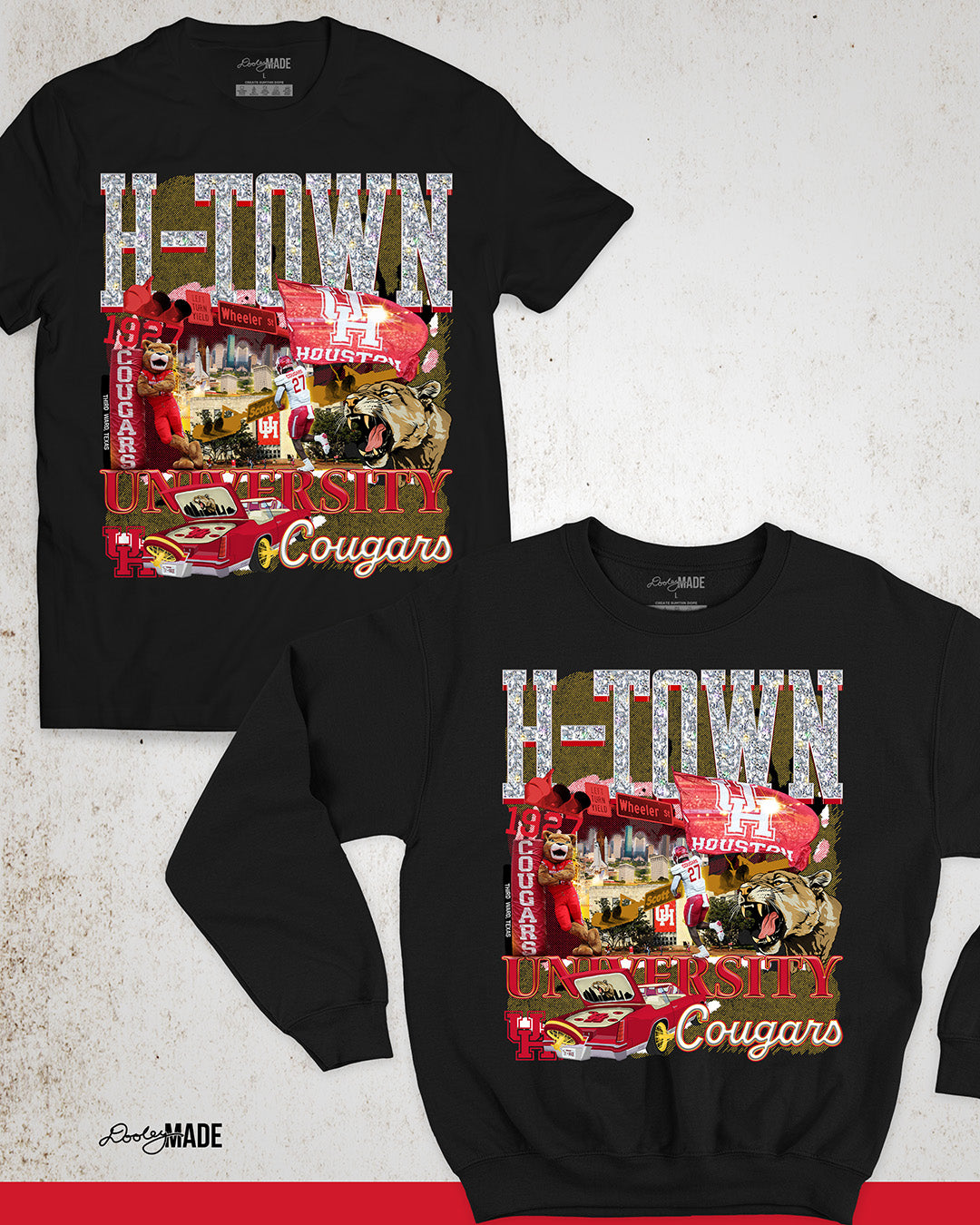 A black University of Houston themed shirt and crewneck sweater featuring a vibrant HTOWN University graphic collage with "H-TOWN" text in diamonds, Cougar mascot, players, city skyline, and classic lowrider in a vibrant collage design.