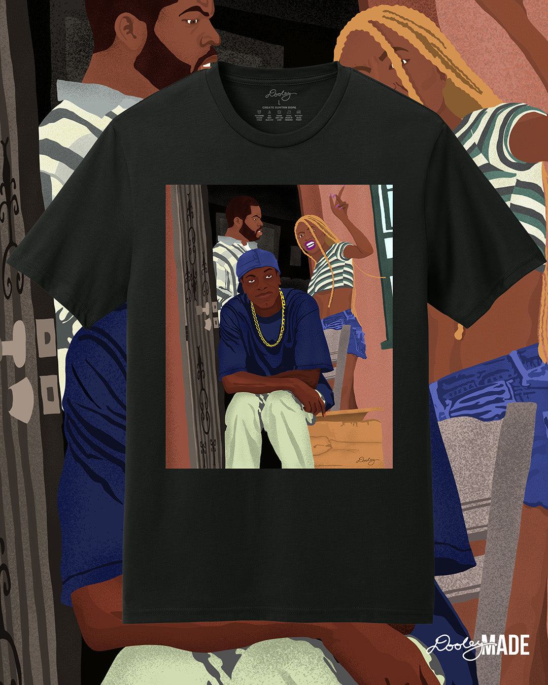 A black Friday movie themed t-shirt with an illustration of movie character Craig being confronted on the front porch by his girlfriend as Smokie sits in laughter. The artwork is enlarged in the background.