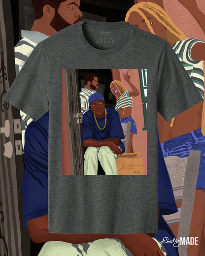 A heather charcoal Friday movie themed t-shirt with an illustration of movie character Craig being confronted on the front porch by his girlfriend as Smokie sits in laughter. The artwork is enlarged in the background.